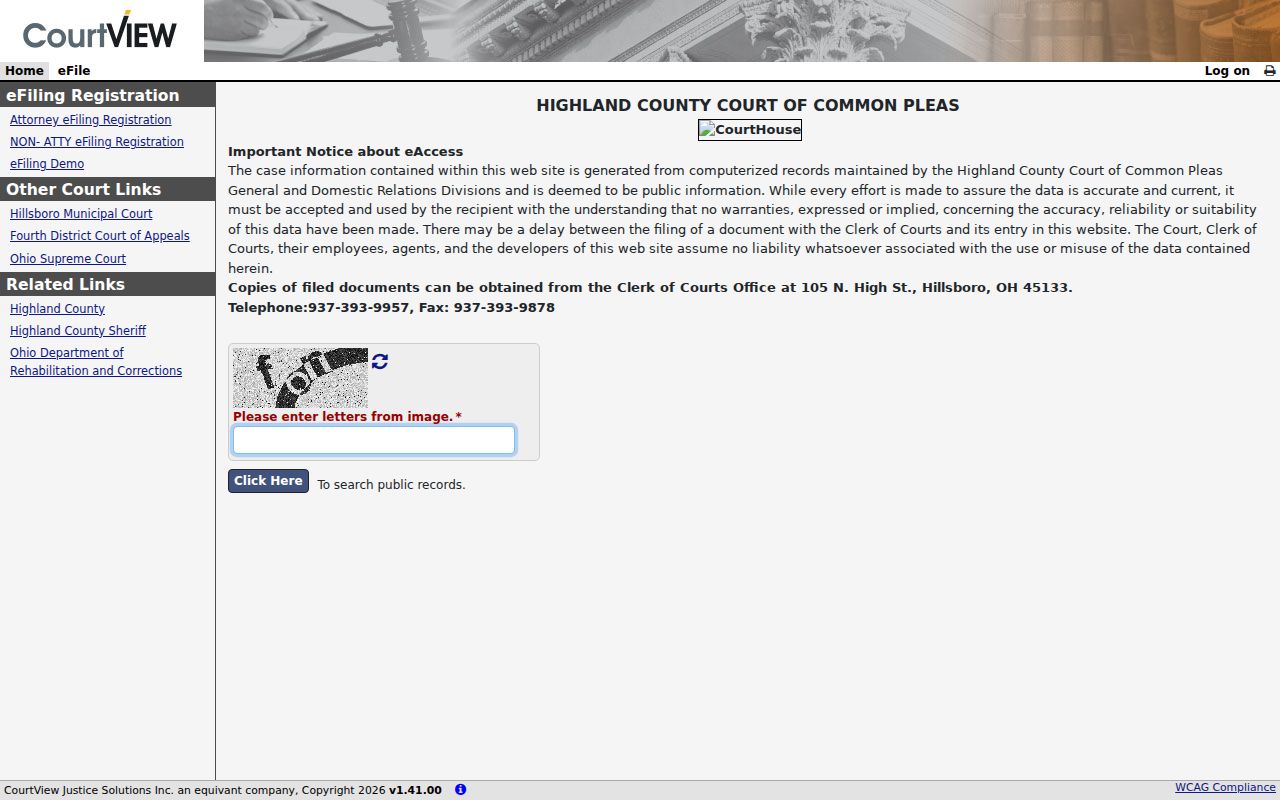 Highland County case search interface for Common Pleas eAccess public records