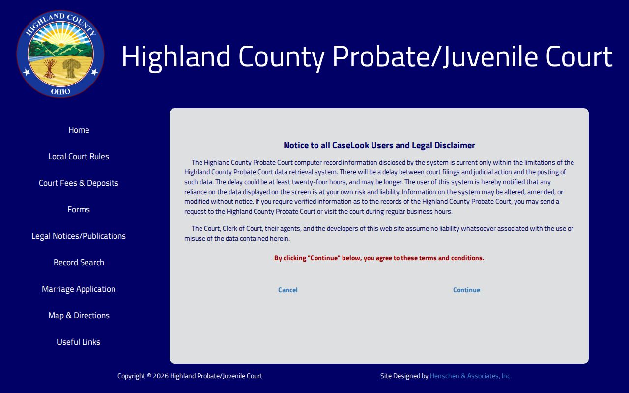 Highland County case search access screen for Probate and Juvenile Record Search