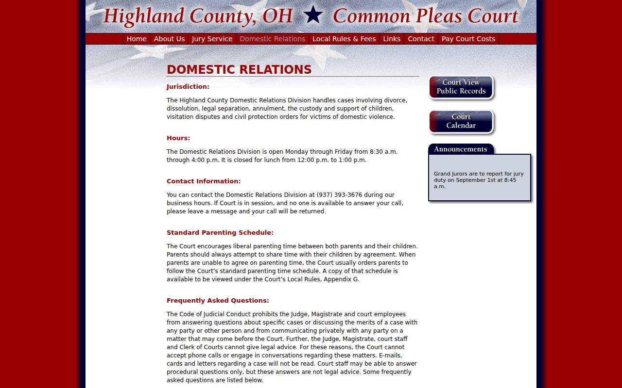 Highland County civil docket information from Common Pleas Domestic Relations