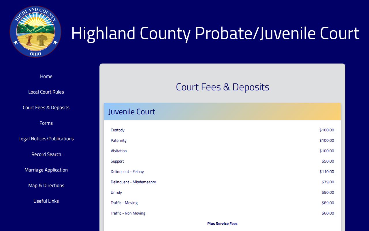 Highland County civil docket record costs at Probate and Juvenile Court