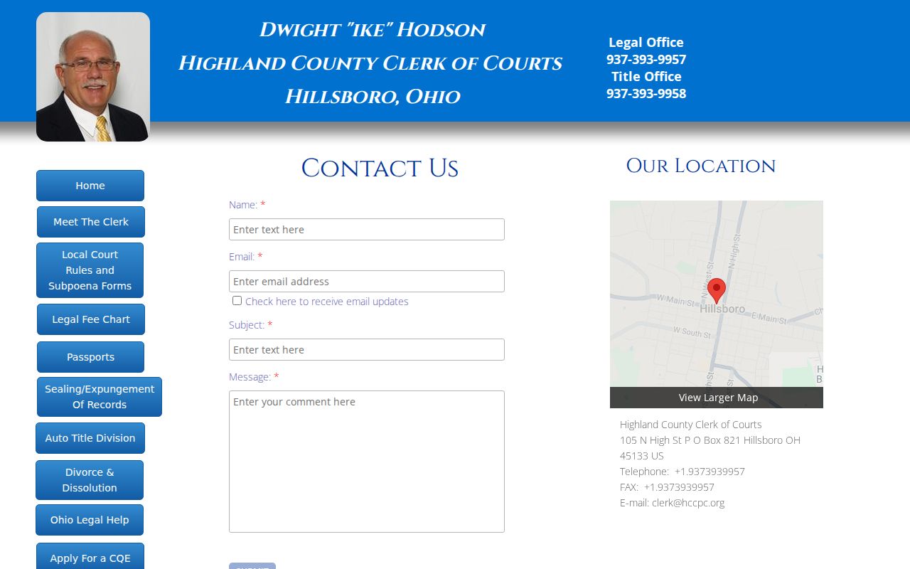 Highland County court calendar contact route through the Clerk and court