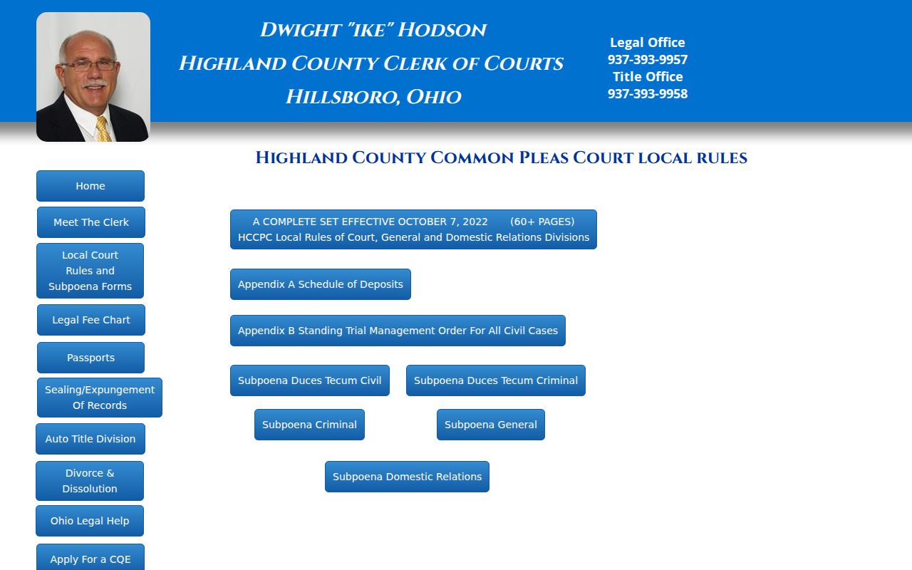Highland County court calendar local rules and continuance information