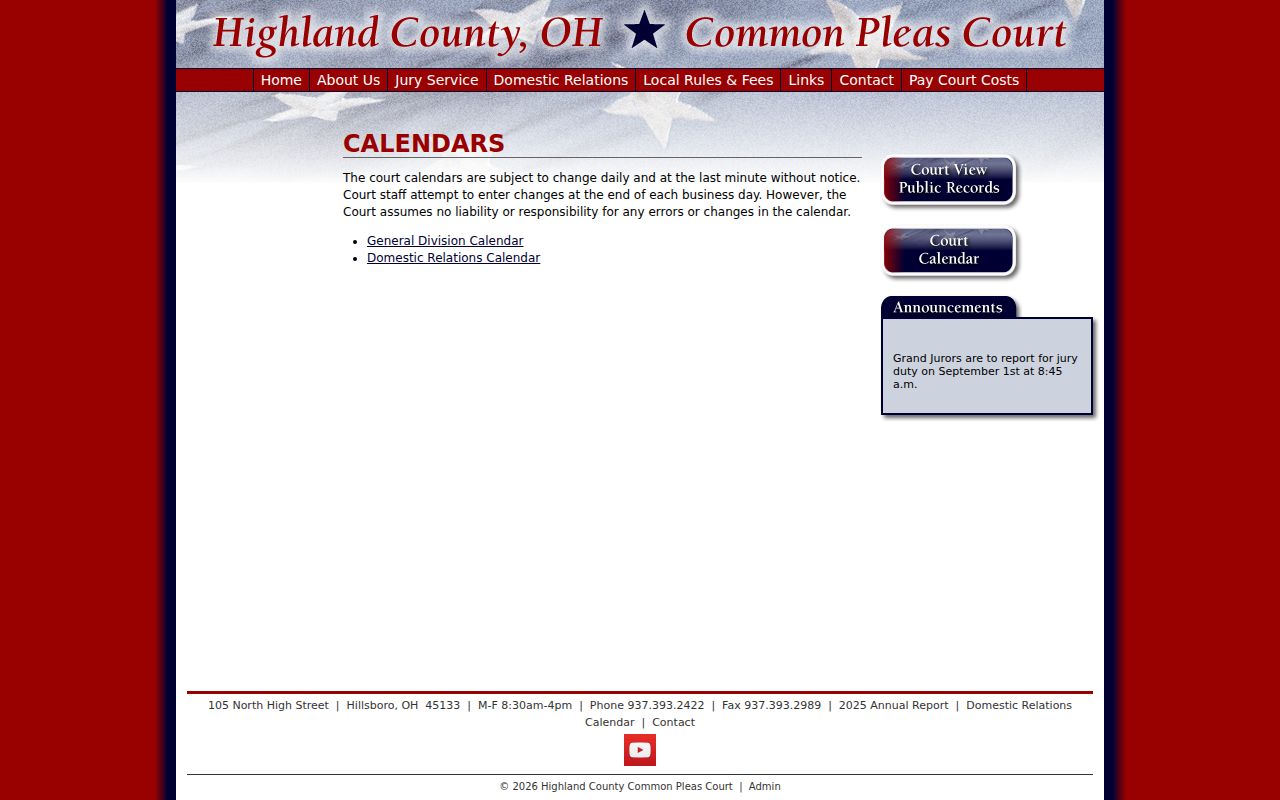 Highland County court calendar at the Common Pleas calendar landing page