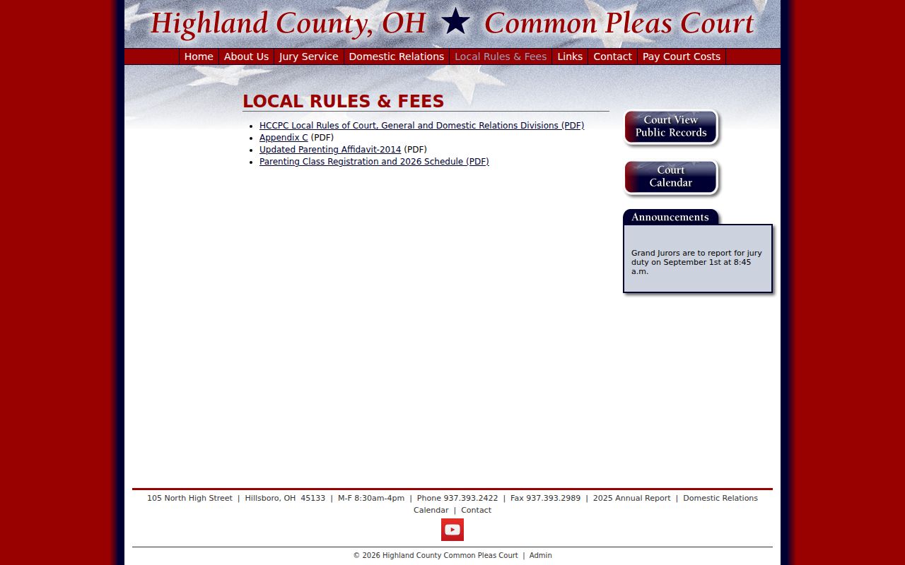 Highland County court calendar rules and fees page