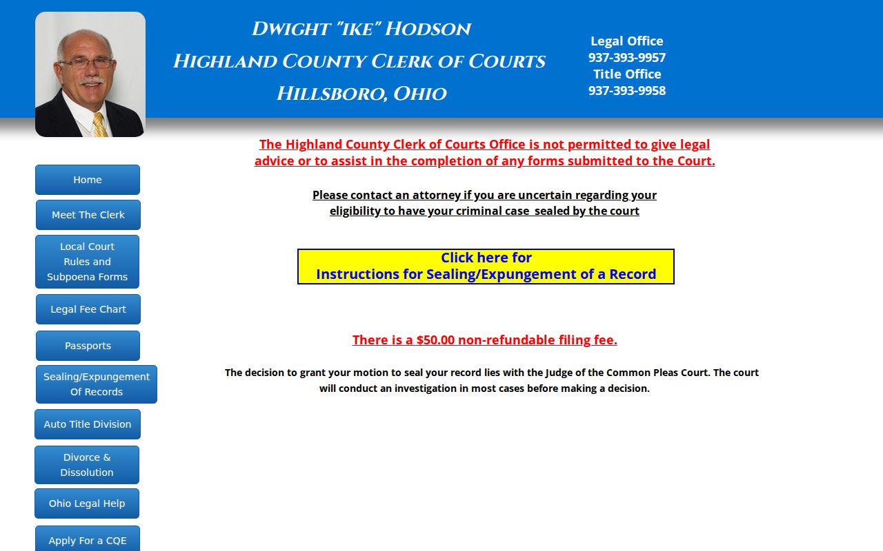 Highland County criminal docket access through the Clerk sealing information