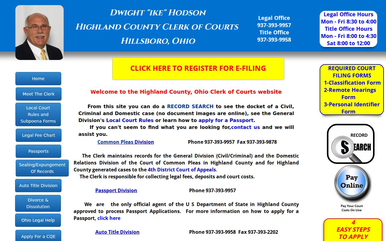 Highland County court docket access at the Highland County Clerk of Courts
