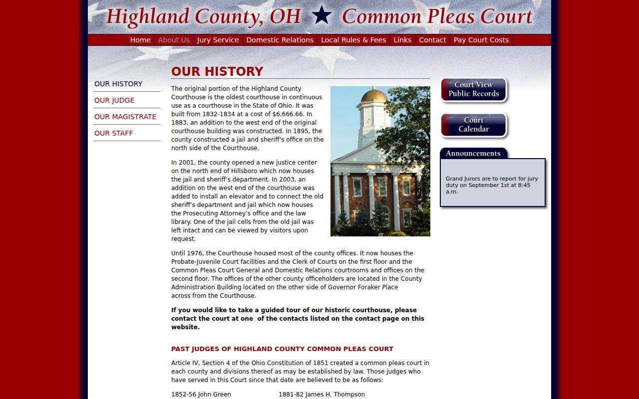 Highland County court docket calendar and Common Pleas Court history